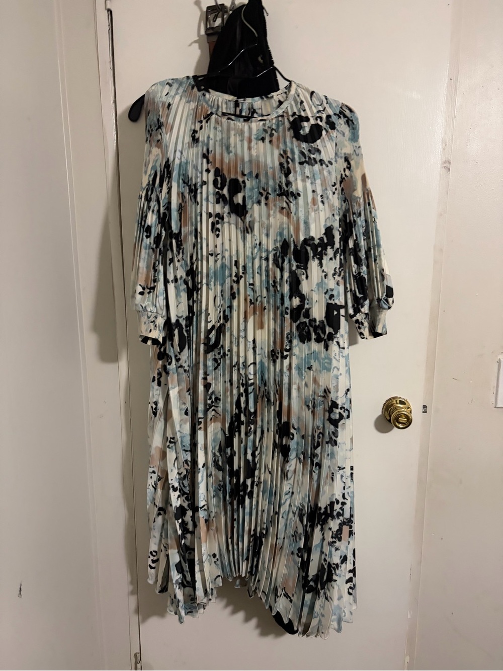 Pleated Floral Maxi Dress in Cream with Blue and Black Accents